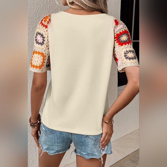 Geometric Round Neck Short Sleeve Blouse. Hit The Like ♡ Button For SALE Price - Picture 2 of 4
